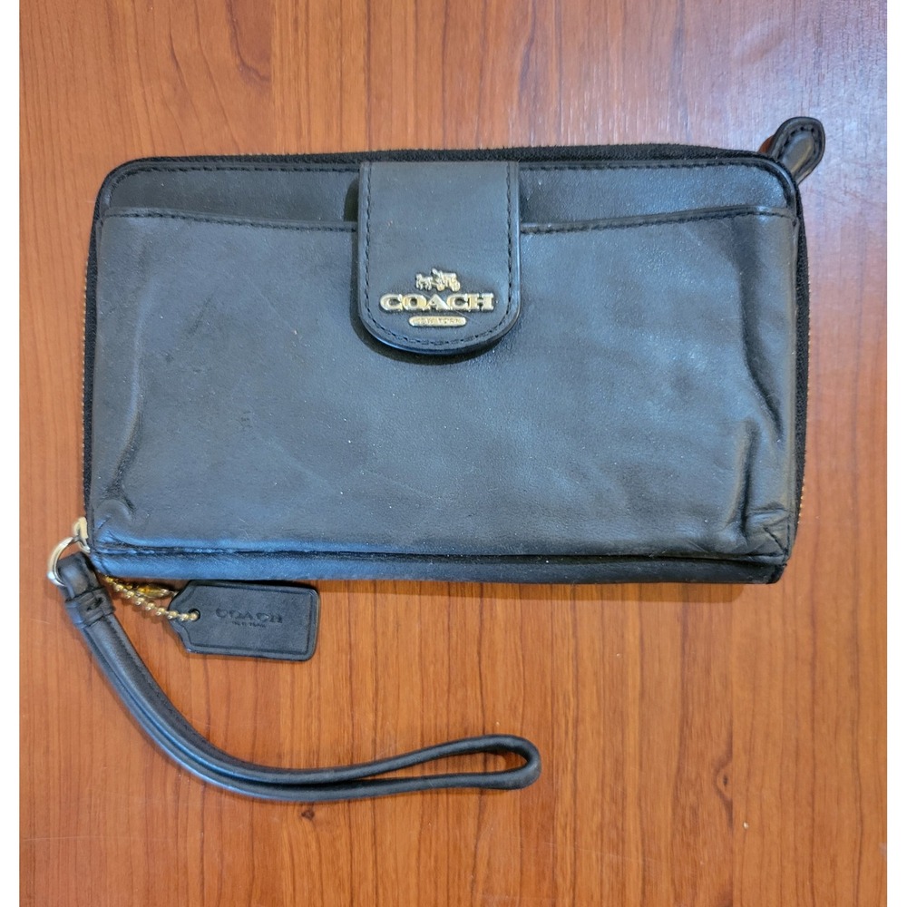 Coach‎ Black Leather Zip Around Wristlet Wallet Gold Logo Hardware AS IS